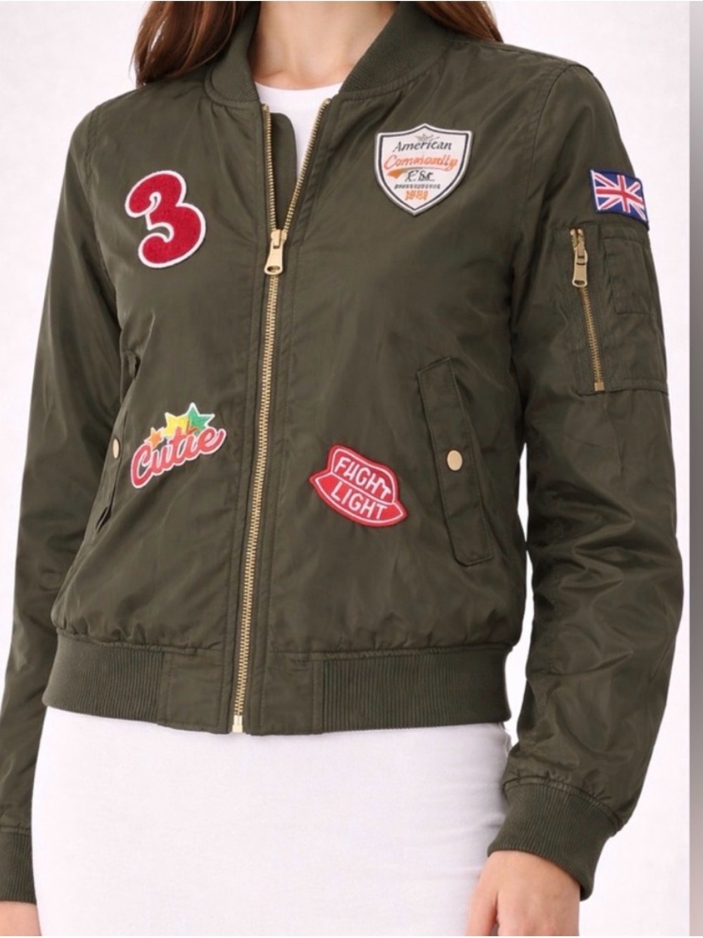 Ci Sono Olive Green Bomber Jacket w/ Patches Zip Front Women’s Size S(A280)✨